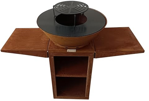 PUR LINE | Barbecue a carbonella, legna o pellet in acciaio corten con piastra rotonda da 60 cm EFP57CO - Barbecue da esterno con griglia e supporto, barbecue in acciaio corten resistente