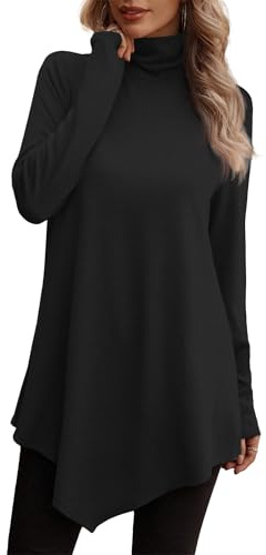 JUSTFASHIONNOW Long Sleeve Tunic Tops for Women Dressy Casual Flowy Blouses for Women 2025 Black Mock Neck Top S