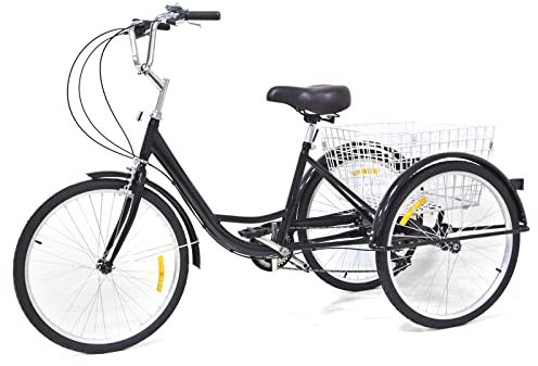 24 tums trehjuling för vuxna 6-växlad vuxen trehjuling med vikbar shoppingkorg premium shoppingtrehjuling för städer stränder och cykelvägar (svart)