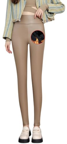 Minetom Leggins Donna A Vita Alta Elasticizzati Leggings in Pelle Stretch Skinny Ecopelle Sportivi Pantaloni in Pile Caldo Fitness Yoga Leggings D Cachi M