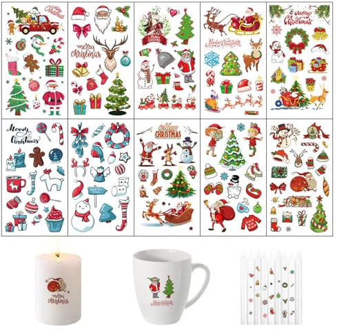 10 tatuajes para velas navideñas, pegatinas de Navidad, láminas deslizantes para velas, tatuajes, impresión de transferencia de agua, tatuajes para velas de Navidad, para velas, tazas, regalo de