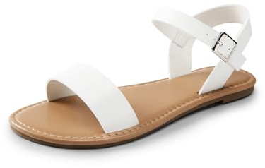 DREAM PAIRS Women's Ankle Strap Flat Sandals Open Toes One Band Buckle Summer Dressy Sandals,Size 8,White-Pu,HOBOO