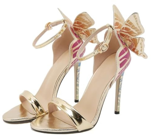 IvoireCh Escarpins à talons hauts dorés avec dos papillon sexy à bout ouvert et sangle de cheville scintillante pour femme, B Or, 8