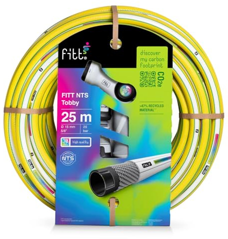FITT NTS TOBBY 5/8 (15mm) 25m - Robuster und flexibler Gartenschlauch in gelber Farbe für eine intensive Nutzung, mit Multijet-Gießpistole und Kupplungen