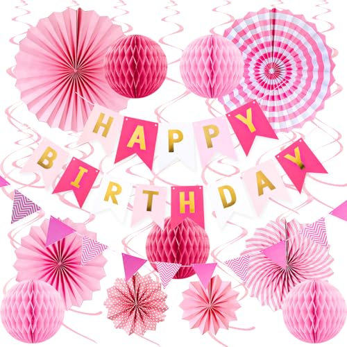 25PCS Pink Birthday Party Decorations for Women Girls Adults – Reusable Paper Fans, Happy Birthday Banner, Triangle Flags, Honeycomb Balls & Swirl Streamers, Easy to Assemble for All Ages Celebrations