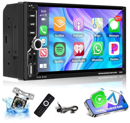 Podofo Carplay 2 Din Car Stereo, 7 Zoll Bluetooth Autoradio, Doppel Din Radio Unterstützung Wireless Android Auto/Touchscreen/Bluetooth 5.1/MirrorLink/FM/USB/AUX/Laden/Fernbedienung + Rückfahrkamera