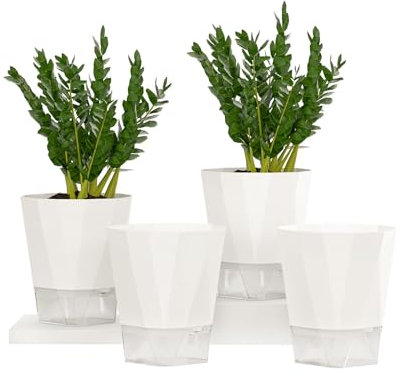 SONNHELL Set di 4 vasi da fiori autoirriganti – perfetti come davanzale per le erbe da cucina, con assorbimento automatico dell'acqua per erbe e piante più sane, colore bianco