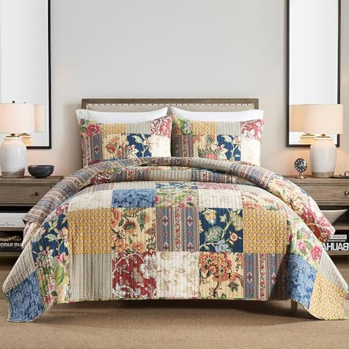 VISIMISI Cotton Bedspread Quilt Sets Reversible Bedding Coverlet Sets 3 Pieces Gorgeous Rustic Vintage Floral Red Yellow Patchwork Bedspread, King Size