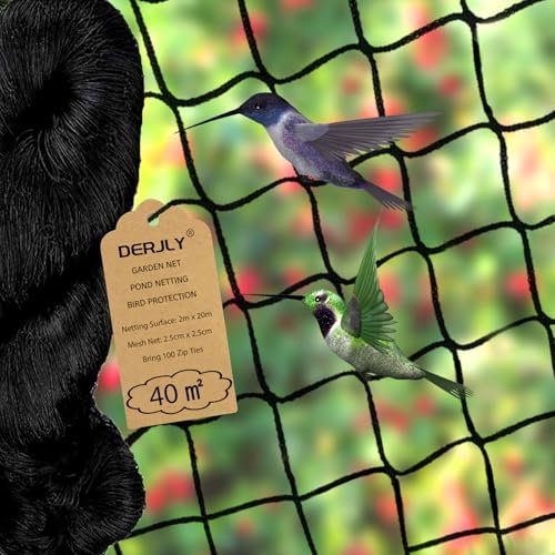 DERJLY Garden Mesh Bird Netting: 2m x 20m Heavy Black Woven Net - Reusable with Cable Ties for Outdoor Protection Fish Pond Fruit Plant Vegetable