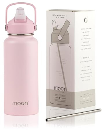 Moon Bottles - Insulated Water Bottle with Straw - Stainless Steel Sports Drink Bottle, Thermal Flask, 24hr Cold, 12hr Hot, Double Walled, Metal Straw, Silicon Spout, UK Company (1L, Pink)
