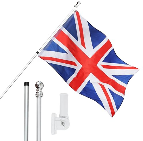 I LOVE FANCY DRESS Juego de bandera, mástil de bandera y montaje en pared, bandera de Reino Unido de 5 x 3 pies con ojales, poste extensible y soporte, decoración para interiores y exteriores