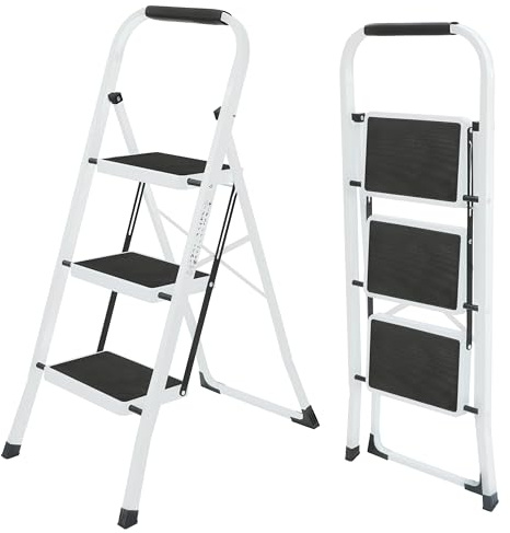 UZIRO Escalera Plegable 3 Peldaños -Estructura de Acero y Peldaño Antideslizante - Asa Superior de Goma - Escaleras Plegables Domésticas - Step Ladder para Hogar (Blanco, 3 Peldaños)