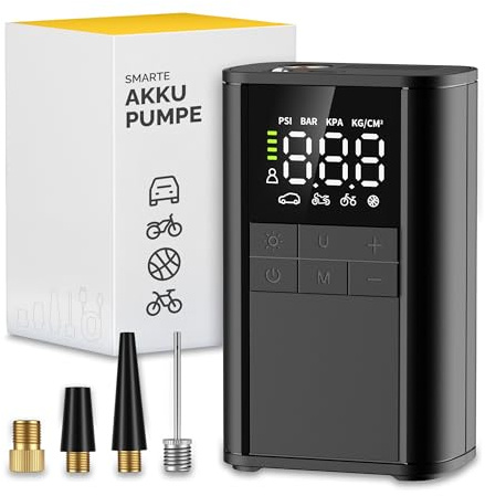 DANSI Stand-Fahrradpumpe alle Ventile AV, SV, DV - Fahrrad Luftpumpe Inklusive Großem Manometer, Adaptern & Behälter | Pumpe für Motorrad, E Bike, Auto & Sportartikel (Akku-Kompressor)