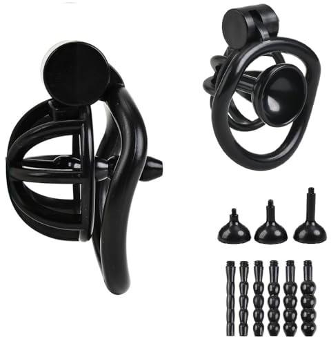Male Chastity Device – Lockable Cock Cage with 5 Rings for Penis Exercise and Tease, Breathable Resin Material, Adjustable Fit for Men (Black)