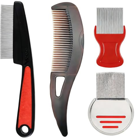 HAPPOW 4 Stück Schuppenkamm, 4 in 1 Läusekamm Set, mit Rundzahn Lauskamm, Edelstahl Langstiel Comb, Hohler Zahn & Feiner Zahn Kamm, für Schuppen, Fett, Läuse(Tiefenreinigung der Kopfhaut)