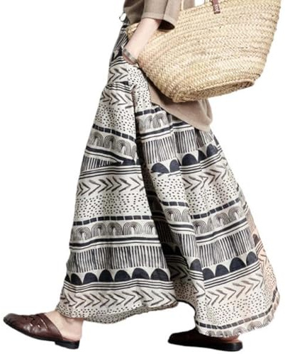 Maxi gonna in cotone e lino stile bohémien, a vita alta, stampa etnica, gonna lunga A03, Nero , M