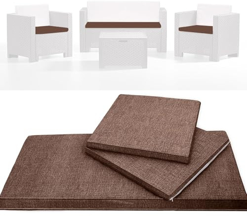 HAND Tris di Cuscini da Esterno Sfoderabili per Poltrone e Divanetto, Cuscini Esterno Giardino Set da 3 PZ, per Poltrona, Salotto, SALOTTINO, Rattan/MIDOLLINO in Cotone, Made in Italy (Caffè)