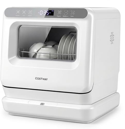 COSTWAY Table Top Dishwasher, Mini Countertop Dishwasher with 6 Programs, 8.25 L Built-in Water Tank, Preserve Function, Air Drying Function, 2 Water Supply Modes & 360° Dual Spray Arms, No Plumbing