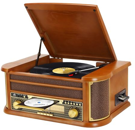 Giradischi 9 in 1 con Bluetooth, Radio AM/FM, Lettore CD e Cassette, Riproduzione USB, Telecomando, Altoparlanti Integrati, Giradischi Vintage