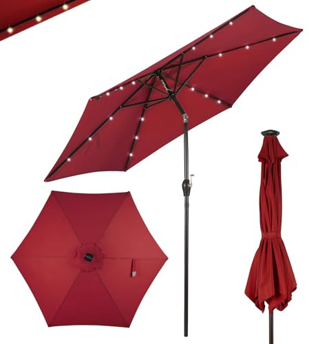 GOPLUS Parasol de Jardin Exterieur 2,7M, Grand Parasol Inclinable avec Lumineux Solaire 18 LED, 6 Baleines, Manivelle, Anti-UV, pour Plage Balcon Patio, Base Non Incluse (Rouge)