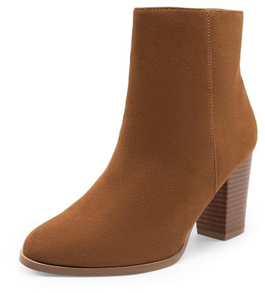 DREAM PAIRS Stivali da Donna con Grosso Tacco Alto Moda Casual Comodi Stivaletti Donna con Zip Laterale,Size 38.5,Marrone Chiaro/Scamosciato,Anita