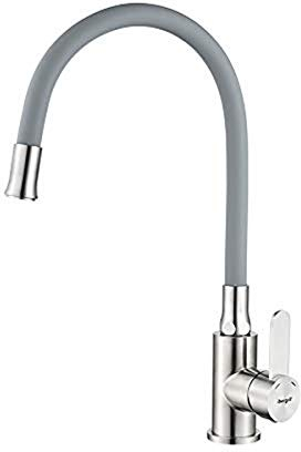 Ibergrif, Grey Kitchen Tap with Universal Flexible Spout, Monobloc Sink Mixer, Brushed Stainless Steel