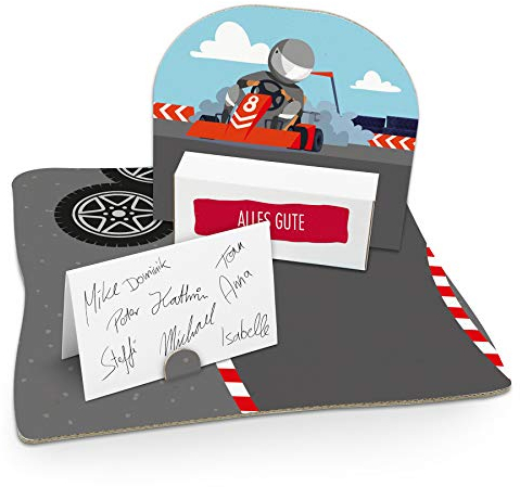 itenga Geldgeschenk I Motiv Kartfahrer/Rennen I Geburtstag I Mitbringsel I Gutschein I Geschenkverpackung mit Bodenplatte, Geschenkkarte und Stickerbogen - zum Basteln und Dekorieren