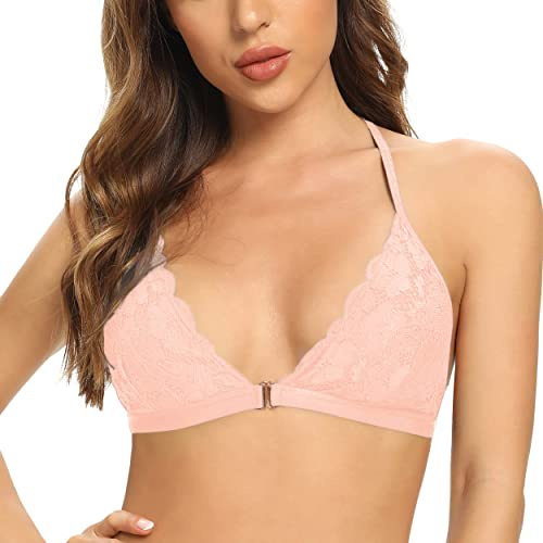 SHEKINI Dam-BH utan bygel med stängning fram, bralette, damer, spets, triangelbh, spetsbh, vadderad underklänning, sexig crop top, ROSA, L