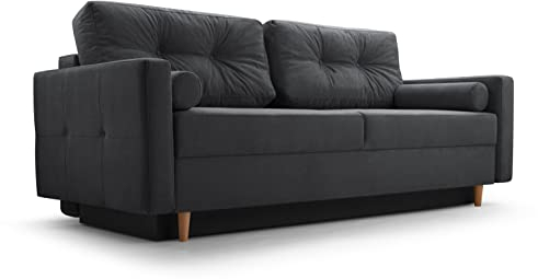 Fabryka Mebli Idźczak Schlafsofa Pastella - 213 x 98 x 83 cm - Ausklappbares Sofa mit Schlaffunktion, Bettkasten, Hilfsautomat - 3-Sitzer-Sofa für Wohnzimmer, Gästezimmer - Dunkelgrau (Queens 23)