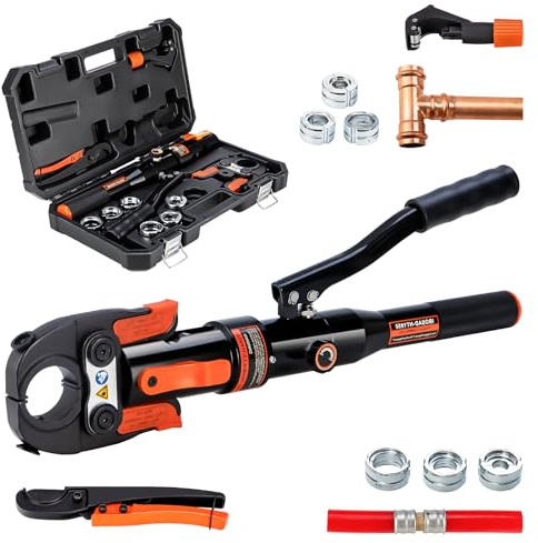 IBOSAD Accesorios de tubo de cobre, herramientas hidráulicas de prensado de tuberías Pex, alicates de prensado para cobre de 1/2, 3/4 y 1 pulgada y F877, mangas de prensa PEX de acero inoxidable de 1