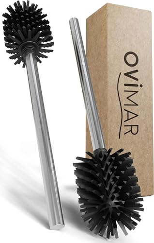 ovimar Ersatzbürste Vesborg | Set 2 Stiele und 2 Bürstenköpfe | Silber | Griff in Edelstahl | Klobürste mit Silikon Bürstenkopf in schwarz, wechselbar | geeignet für Gefäße mit 7,5-8,5cm Ø