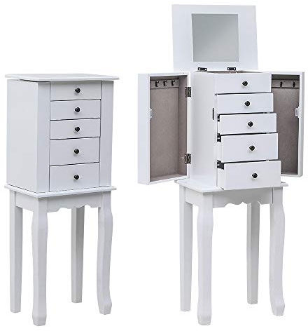 Karl home White Jewelry Armoire With Top Flip Mirror and Storage Organizer, Standing Jewelry Cabinet With 5 Grey flannel Drawers, 2 Side Doors and 4 Solid Wood Legs