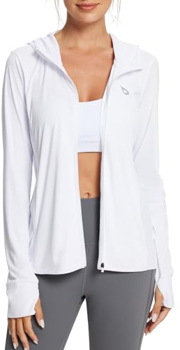 BALEAF Women's UPF 50+ Sun Protection Long Sleeve Zipper Hooded Neck White Shirt 2XL