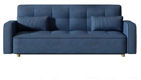 CONCEPT USINE | Canapé Scandinave Convertible 3 Places Velours Côtelé | COPENHAGUE Bleu | Canapé Droit Modulable Moderne avec Accoudoirs + 2 Coussins | Dossier & Assise Déhoussables | Largeur 213 cm