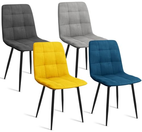 IDMarket - Lot de 4 chaises Mila en Velours Mix Color Bleu, Gris Clair, Gris foncé, Jaune