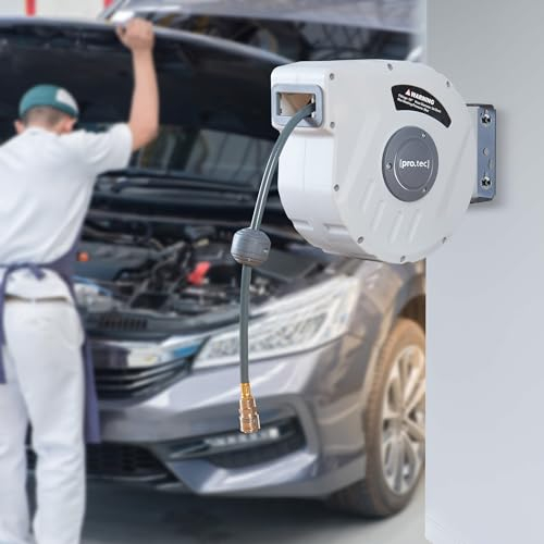 pro.tec Manguera Aire Comprimido 10 + 1 m Enrollador de Manguera de Aire Comprimido Carrete de Manguera Neumática para Pared Giratorio 180° Plástico PVC 34 x 16 x 28 cm - Blanco/Gris