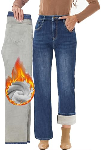 Fakanhui Jeans pour femmes doublés polaire à jambe large pour l'hiver, thermiques, en flanelle, décontractées et chaudes, Bleu A, Taille L