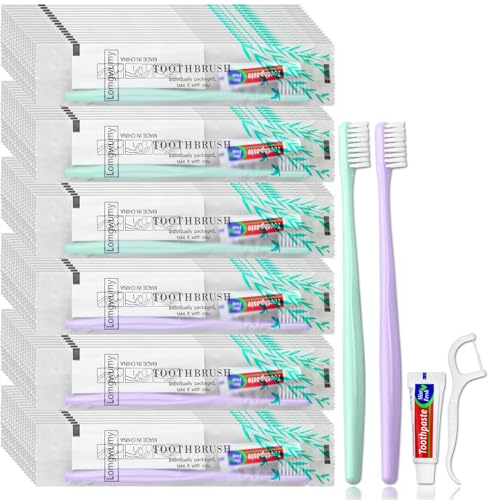 Engångs tandborste och tandkräm reseset, levereras med tandtråd, individuellt förpackade, 2 färger, lämplig för hotell, hem, resor (PACK-200)