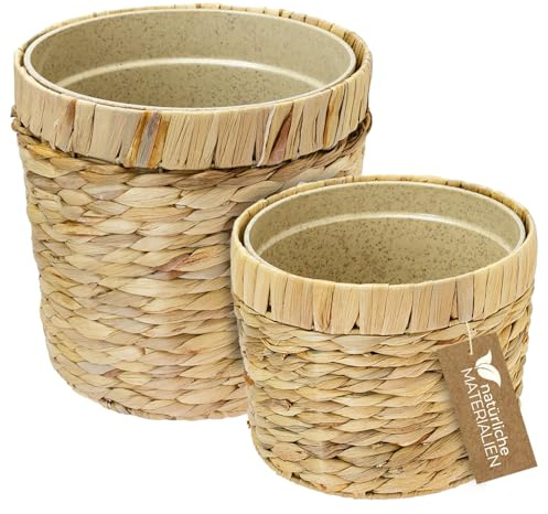 HMF Innovadora maceta trenzada de jacinto de agua, con maceta de materias primas sostenibles, redonda, juego de 2, 19 cm + 25 cm de diámetro