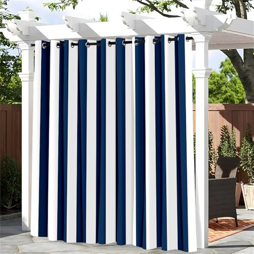 Hiseng Cortina Exterior Impermeable 1 Piezas Rayas Cortinas Opacas con Ojales Protección UV Solar Resistente al Agua Cortinas para Pergolas Terraza Patio Balcón (180x243cm,Azul Blanco)