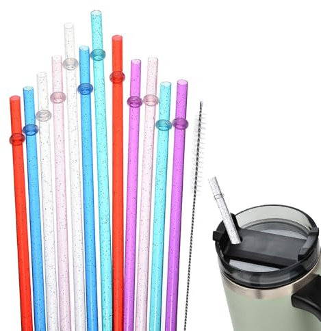 Strohhalme Plastik, 12 Stück Trinkhalme Kompatibel mit Stanley Cup Stitch, Kompatibel mit Stanley Cup Strohhalm Wiederverwendbar, Farbige mit Reinigungsbürsten für Bubble Tea, Saft, Kaffee