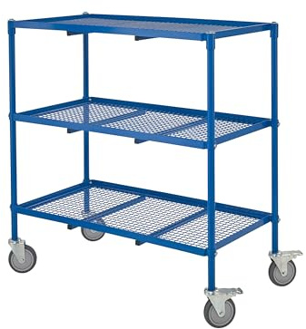 3 Tier Mesh Trolley, Heavy Duty Blue Steel Platform Storage/Transport Cart on Braked Swivel Castors for Offices, Warehouses, and Workshops