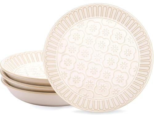 AmiCera 4 Pack Plate Set, 8.5 Inch Side Plates Dinner Plates, 21.5 Cm Begonia Patterns White Dinner Plates Set for Meals, Kids Ceramic Plates for Dessert, Dishwasher & Microwave Safe
