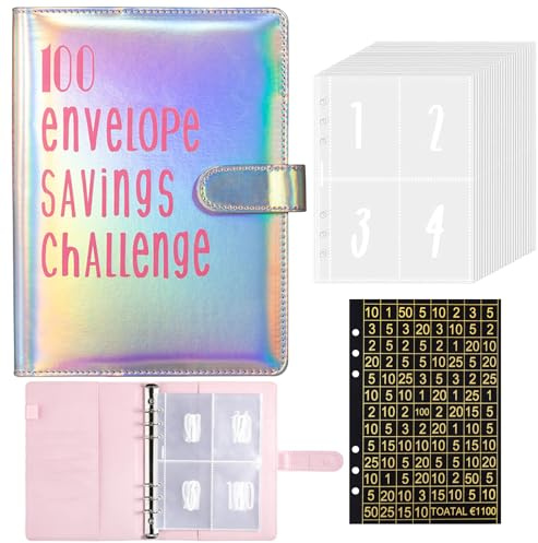 Libreta de Ahorro,Carpeta de anillas A5,100 envelope savings challenge,organizador ahorro dinero,libreta ahorro con rastreador de desafíos y sobres,Organizador de Dinero(Plata colorida)