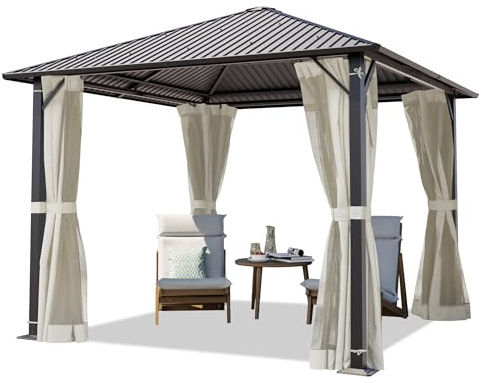 TOOLPORT Cenador de Jardin 3x3 m con Techo de Acero - Hardtop Pabellón con 4 Cortinas y mosquiteras en Crema