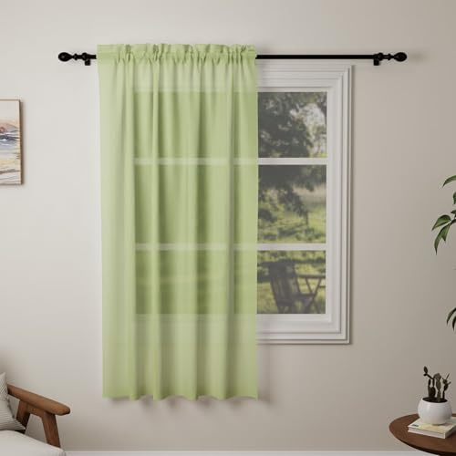 Pacok Green Voile Curtains 72 Drop, 1 Panel Rod Pocket W56xL84 Inch
