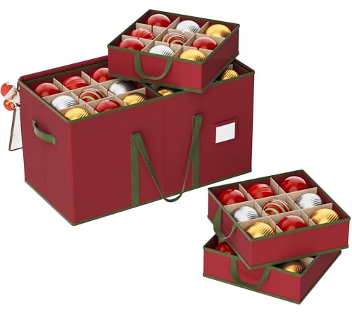 XIVIRACK Contenitore per Palline di Natale, 54 Scomparti da 10,2 cm, Scatola Impilabile Decorazioni Natalizie con Coperchio, 600D Oxford, 64 x 32 x 34 cm, Rosso (Design trasparente)