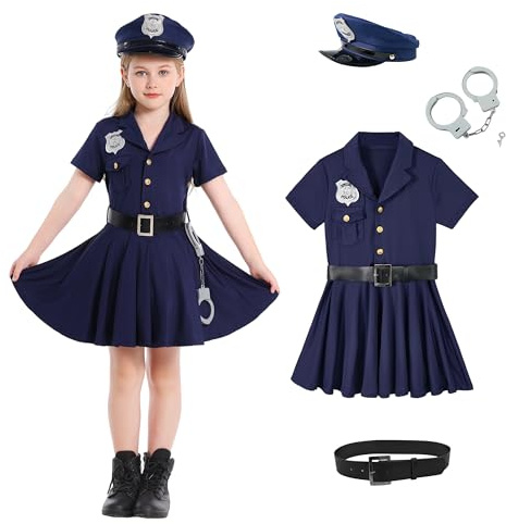 LOLANTA Déguisement Policier Enfant, Costume Police Uniforme Filles Police Cosplay Ensemble pour Carnaval Fête d'Halloween Costume, Chapeau+Ceinture+Poignets, Bleu foncé, 9-10 ans, M