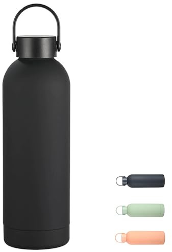 500ml Insulated Water Bottle, Small Metal Water Bottle for Handbag with Handle, Double Wall Vacuum Insulated Bottle Keeps 24H Cold/12H Hot, BPA Free Drinks Bottle (Black)