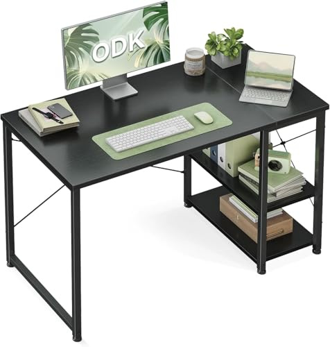 ODK Escritorio Gaming con Estantería Reversible, 100x48cm, Negro | Escritorio Ahorrar Espacio, Mesa de Estudio Compacta con Estantes de Almacenamiento para Oficina en Casa, Dormitorio